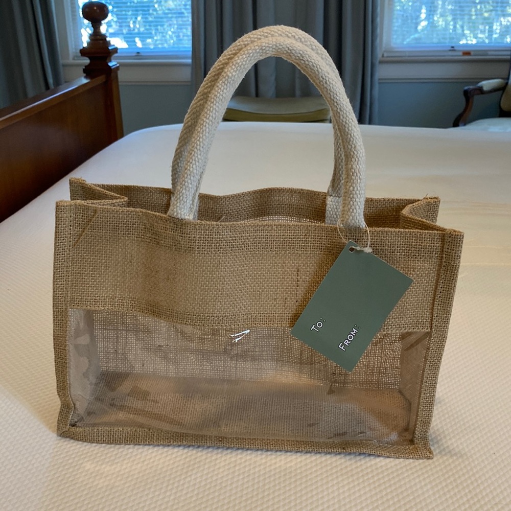 Brown Burlap Gameday Stadium Concert Purse Satchel Tote Bag with Clear Panel